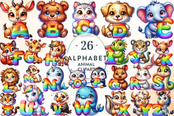 A-Z Rainbow Alphabet Animal Clipart: Creative Design Assets