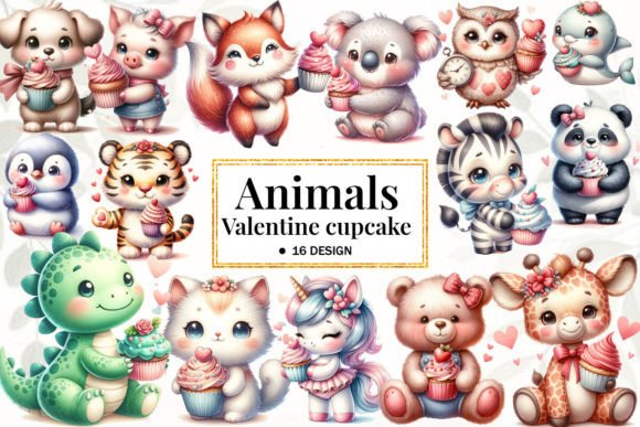 Animal Hugging Valentine Cupcake Clipart for Sweet Designs