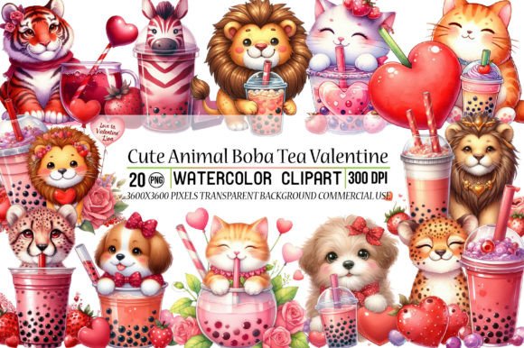 Cute Animal Boba Tea Valentine Bundle: Your Go-To Sweet Design Asset