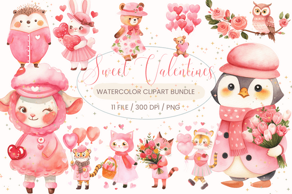 Whimsical Watercolor Charm: The Cute Valentine Animal Bundle